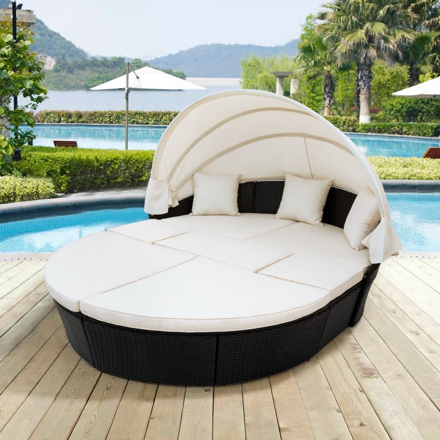 Outdoor garden furniture rattan sofa bed and retractable canopy, round outdoor sofa set, wicker furniture clamshell seat beige.