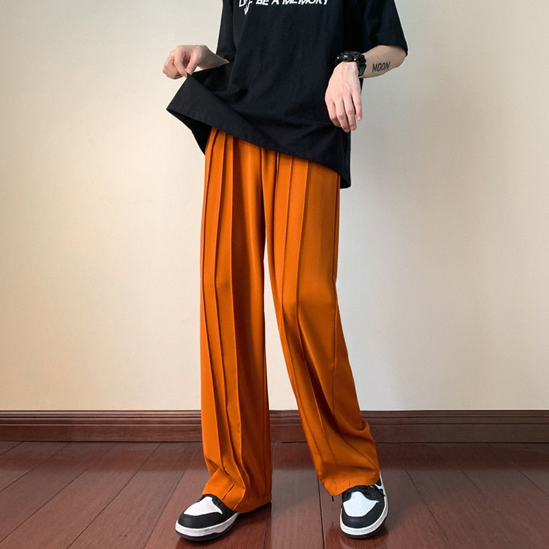 Summer Thin Pleated Pants Men Fashion Oversized Wide-leg Pants Men Korean Loose Straight Ice Silk Pants Mens Trousers S-2XL