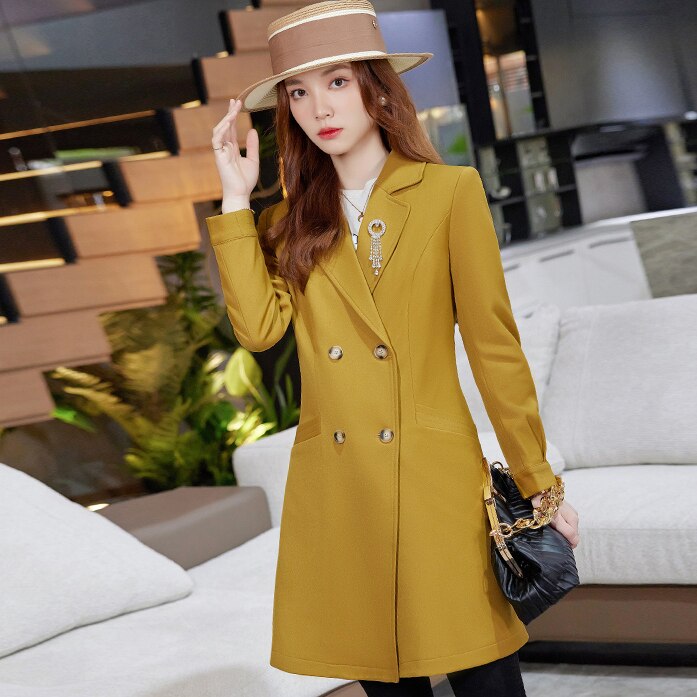 Trench Coat for Women 2022 Autumn Fashion Trench Coats Long Black Coats for Women Suit Jackets Women with Brooch Female Clothing