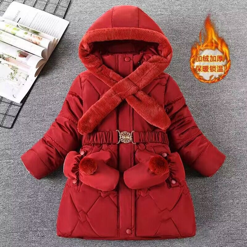 Winter Girls Thick Coats Fleece Warm Down Cotton Mid-Length Jackets Gloves Hooded Parka Coats Children&#39;s Outerwear Clothes