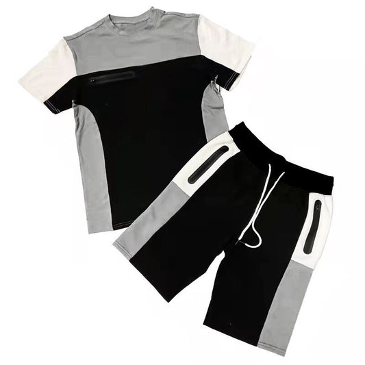 Patchwork Fabric Sportswear 2 Piece Short Set Summer Man Fashion Tracksuit Sweat Suits