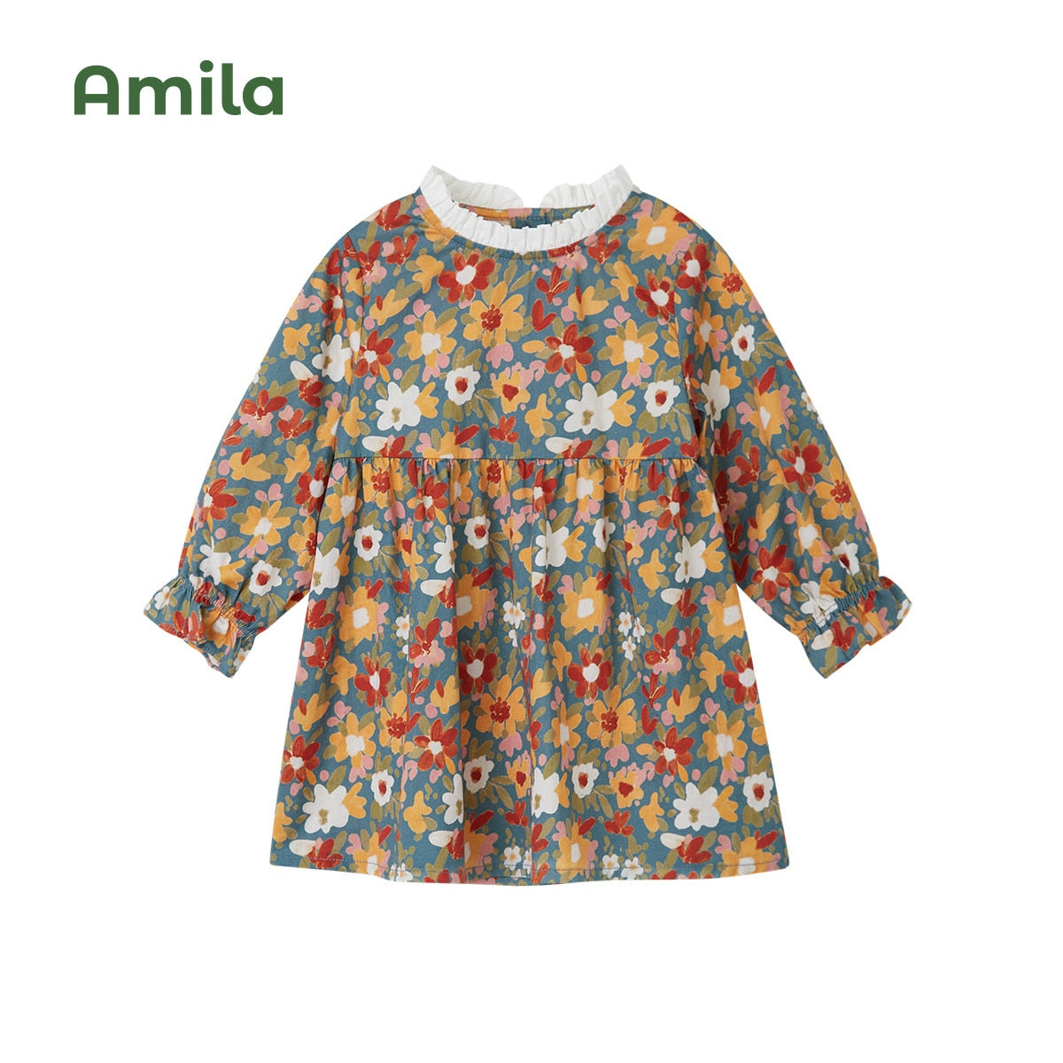 Amila Baby Girl Dress 2022 Autumn New 100% Cotton Long Sleeves A-Line Skirt for Girls Flower Sweet Children Clothes Fashion