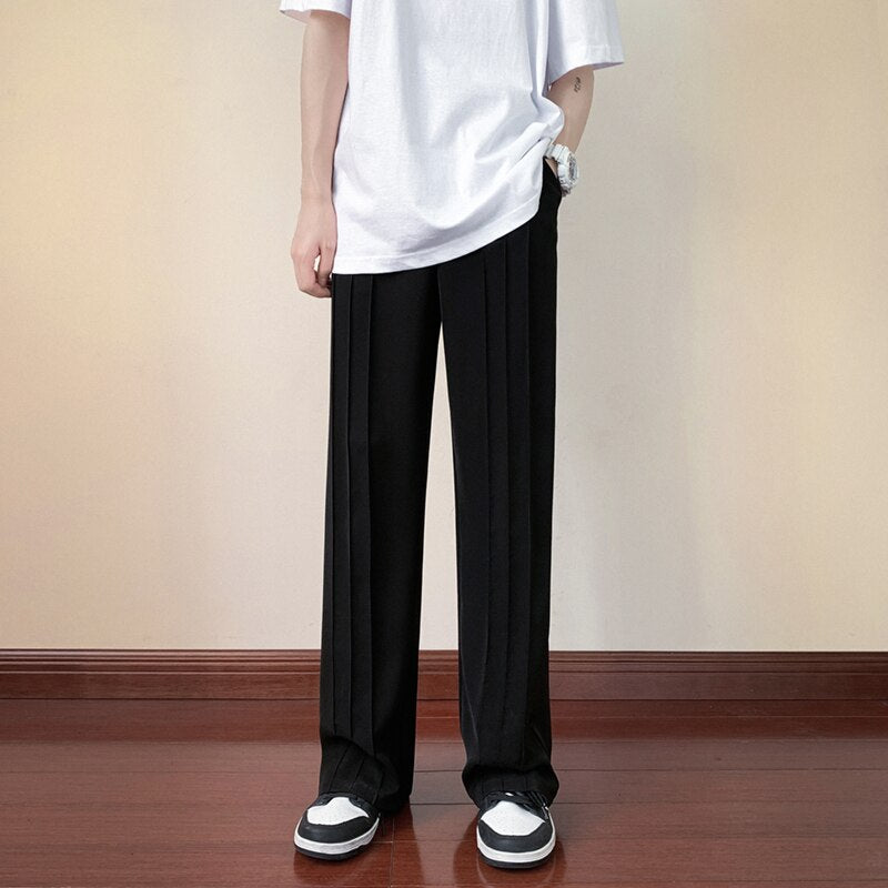 Summer Thin Pleated Pants Men Fashion Oversized Wide-leg Pants Men Korean Loose Straight Ice Silk Pants Mens Trousers S-2XL