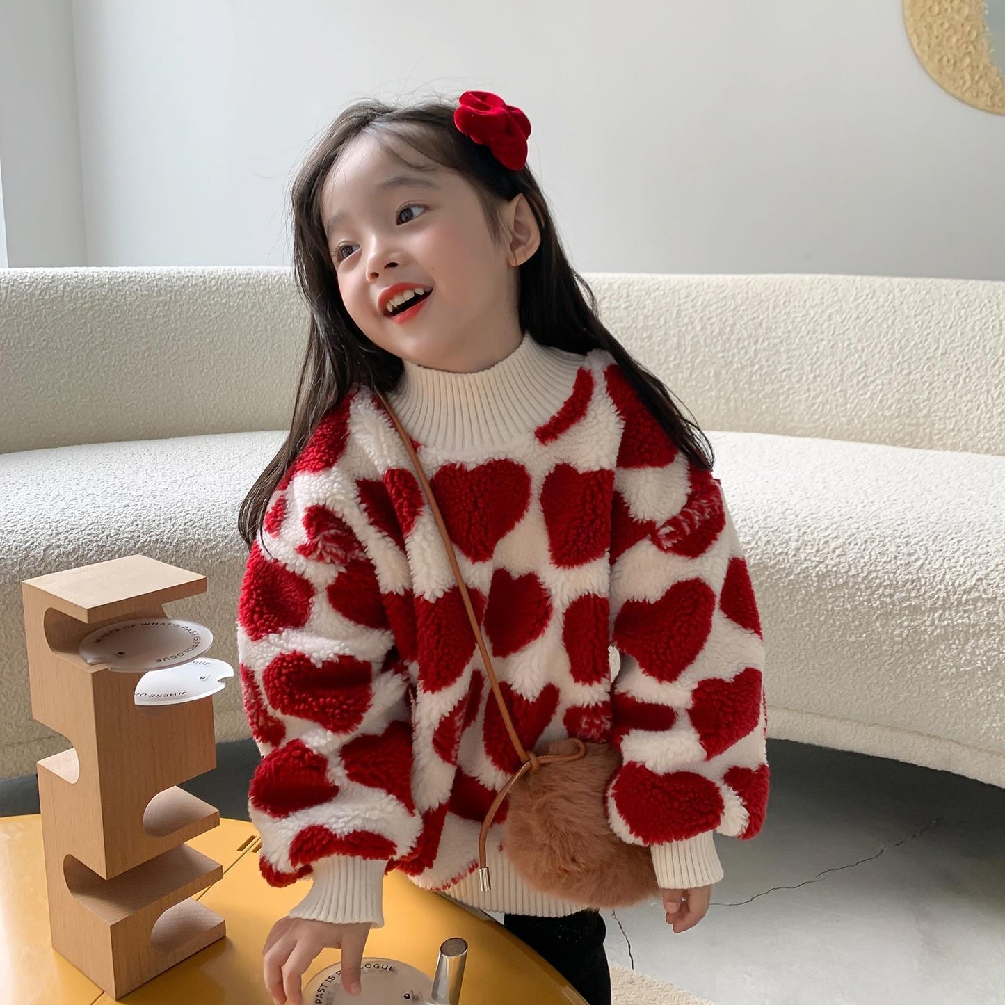 2022 Winter Girls Cute Heart Thick Warm Fleece Sweatshirts Baby Kids Children Pullover Top Outerwear