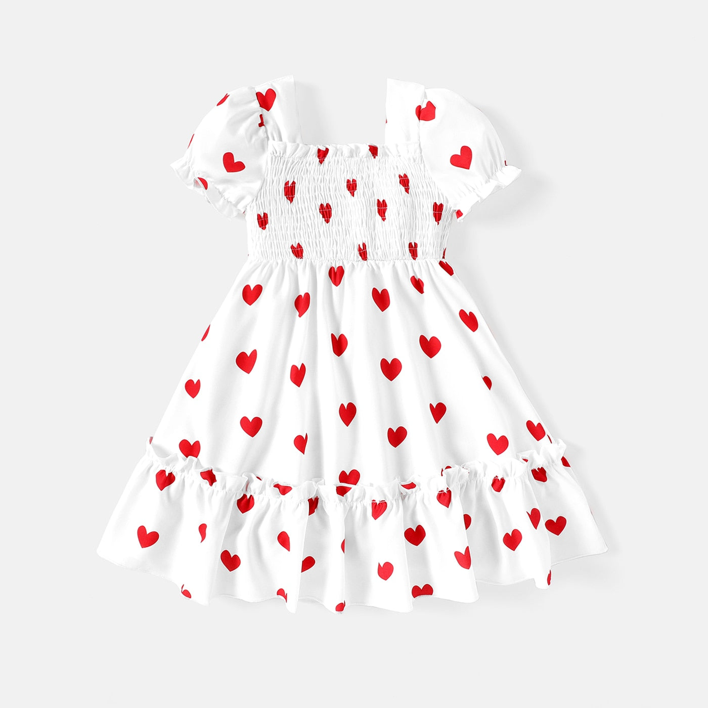 PatPat Toddler Girl Heart Print Smocked Square Neck Short-sleeve Dress