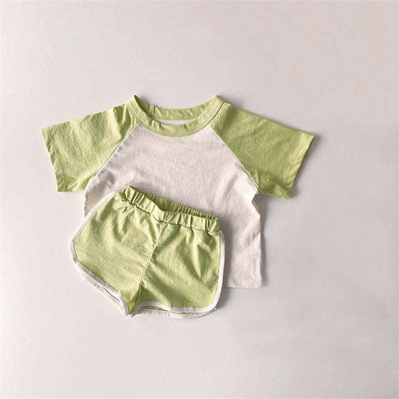 2pcs Baby Boys Girls Outfits Sets Summer Fashion Short Sleeve Kids T-shirts + Shorts Stitching Color Clothing