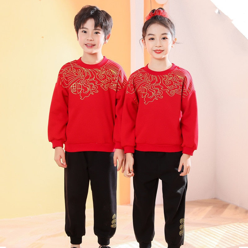 2022 Autumn Winter 2-14 Years Children Brother Sister Family Matching Outfits Thicken Chinese Sweatshirt+Pants Set For Boy Girl
