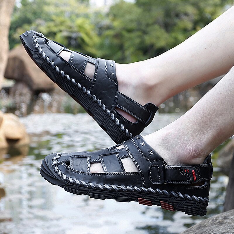 New Men&#39;s Leather Sandals 2023 Hot Sale Summer Business Casual Shoes Outdoor Beach Wading Slippers Men&#39;s Shoes Big Size 38-48