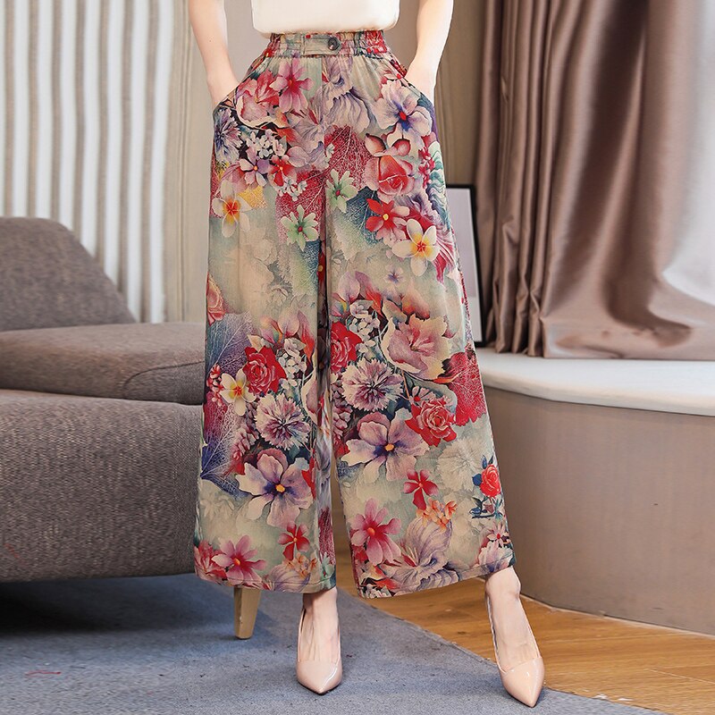 Summer Wide Leg Pants Women Loose High Waist Beach Ankle-Length Trousers Summer Casual Retro Print Plaid Pants