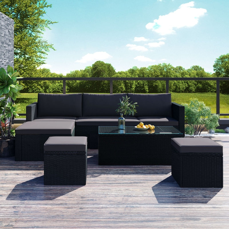 Large Outdoor Wicker Sofa Set, PE Rattan, Movable Cushion, Sectional Lounger Sofa, For Backyard, Porch, Pool, Gray