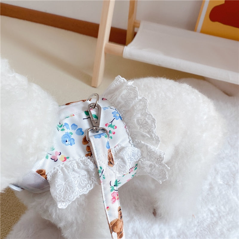 Dog Cat Harness Leash Set Adjustable Lace Floral Pet Harness Vest Cute Puppy Dog Princess Dress Skirt Walking Lead Chihuahua