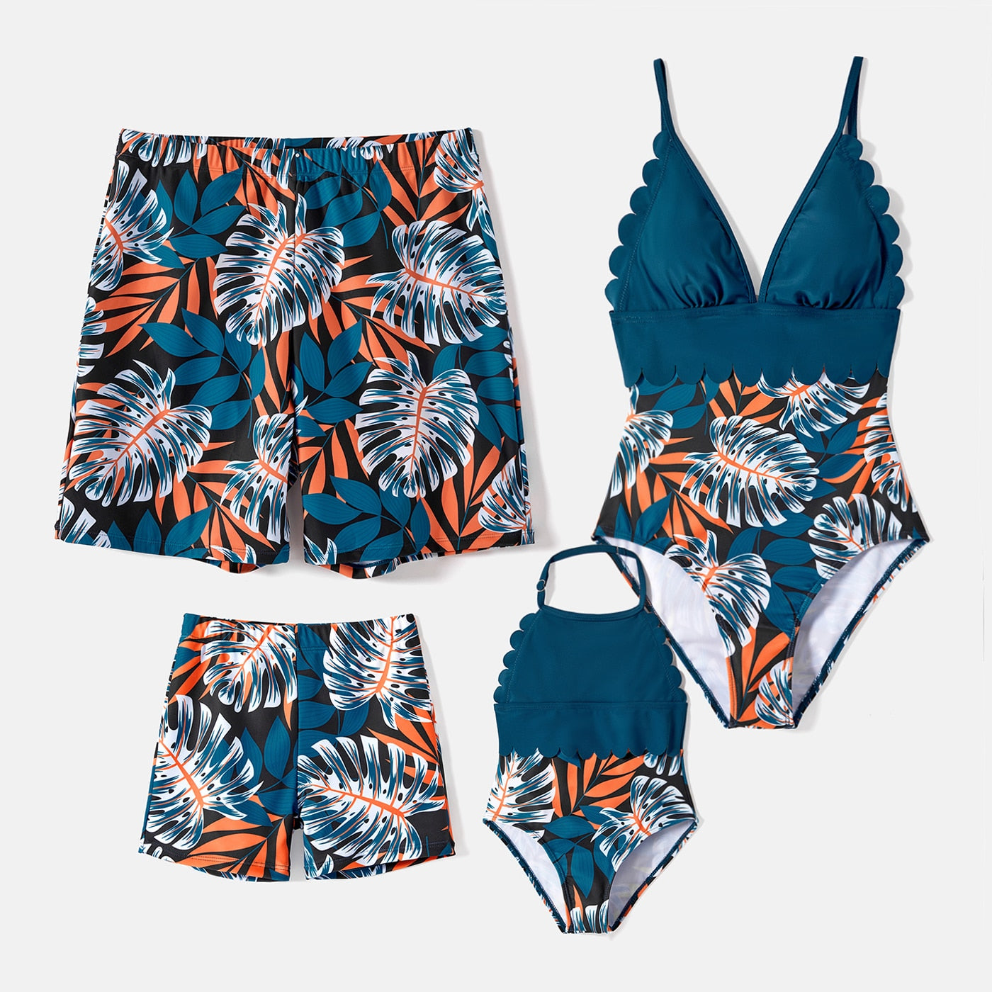 PatPat Family Matching Plant Print Scallop Edge Spliced One-piece Swimsuit and Swim Trunks