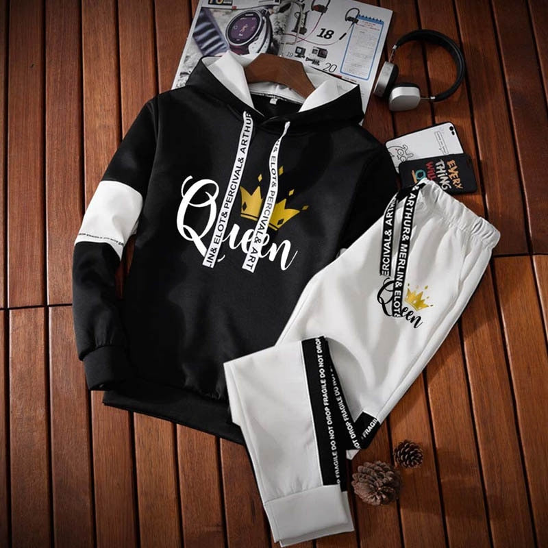 2023 New King Queen Printed Men&#39;s Hooded Sweatshirt Sets Splicing Hoodies+ Pants Outfits Spring Fall Man Outdoor Jogging Clothes