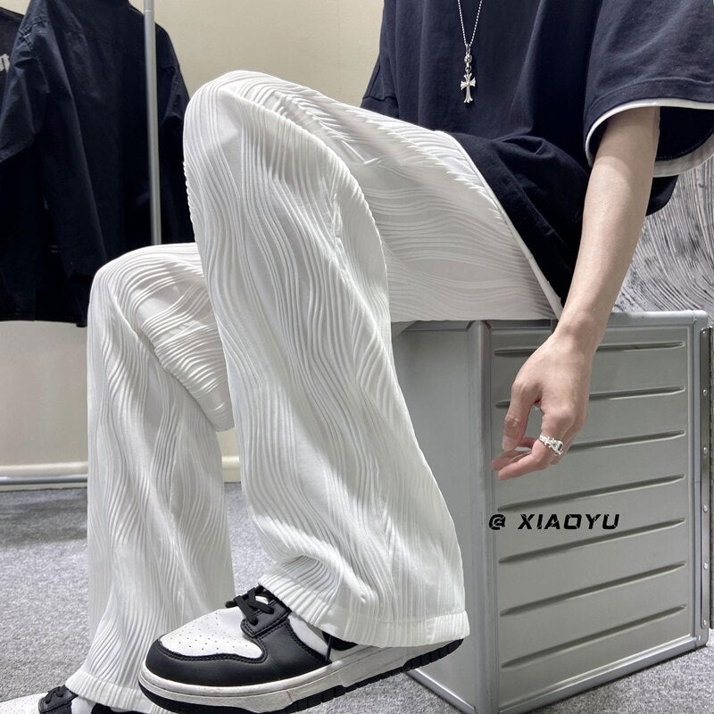 Men&#39;s Fashion Straight Pleated Pants Elastic Waist Casual Pants Men&#39;s Street Loose Ice Silk Wide Leg Pants White Black M-5XL