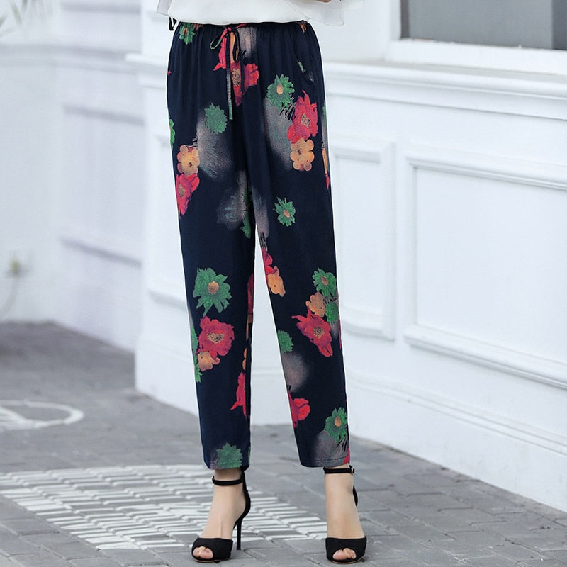 Summer Beach Harem Pants Women Bottoms Casual Bloomers Printed Loose High Waist Trousers Women Elastic Waist Wide Leg Pants