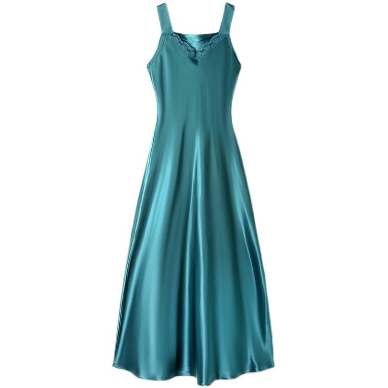 Satin Dresses for Women Solid Silk Sleeveless Sling Long Dresses 2022 Summer Dress Fashion Clothing Women Lace V-Neck Sexy Dress