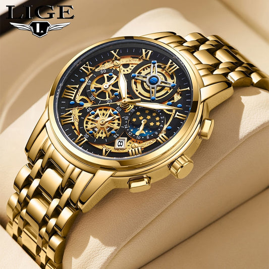 LIGE Gold Luxury Watch Men Quartz Steel Waterproof Sport Watches Wristwatch Military Chronograph Date Clock Relogio Masculino