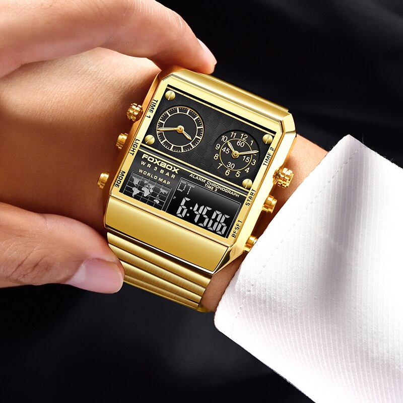 FOXBOX Luxury Gold Watches For Men Casual Sports Chronograph Quartz WristWatch Waterproof Watches Digital Clock New reloj hombre