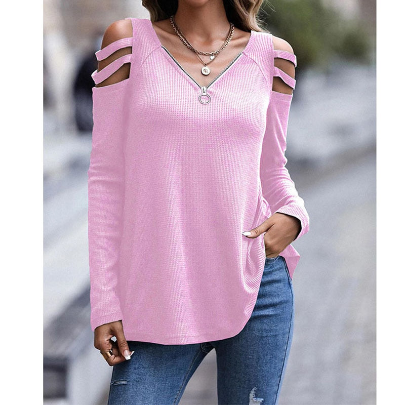 Fashion Casual Women&#39;s Zipper Off Shoulder Solid Color T-shirt Hollow Out Spliced Long Sleeve Tops Autumn Winter Female Clothing