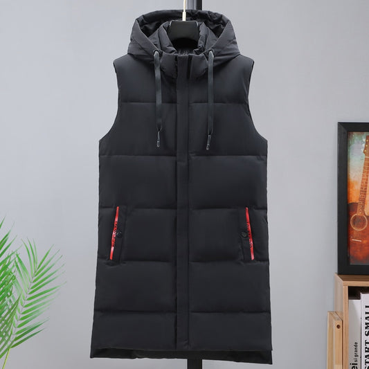 Autumn Winter Men Long Black Vest Hooded 2022 New Brand Fashion Thick Warm Cotton Padded Sleeveless Jacket Men&#39;s Clothes