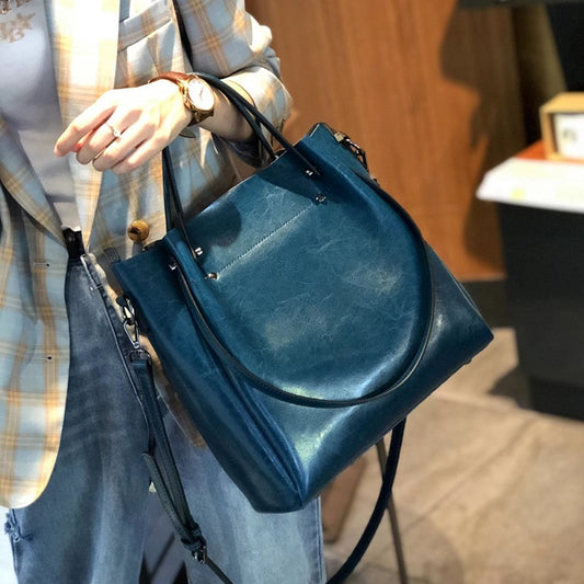 One-shoulder Large Casual Tote Fashion Messenger Cowhide Leather Women&#39;s Bag Large-capacity Ladies Handbag Bucket High Quality