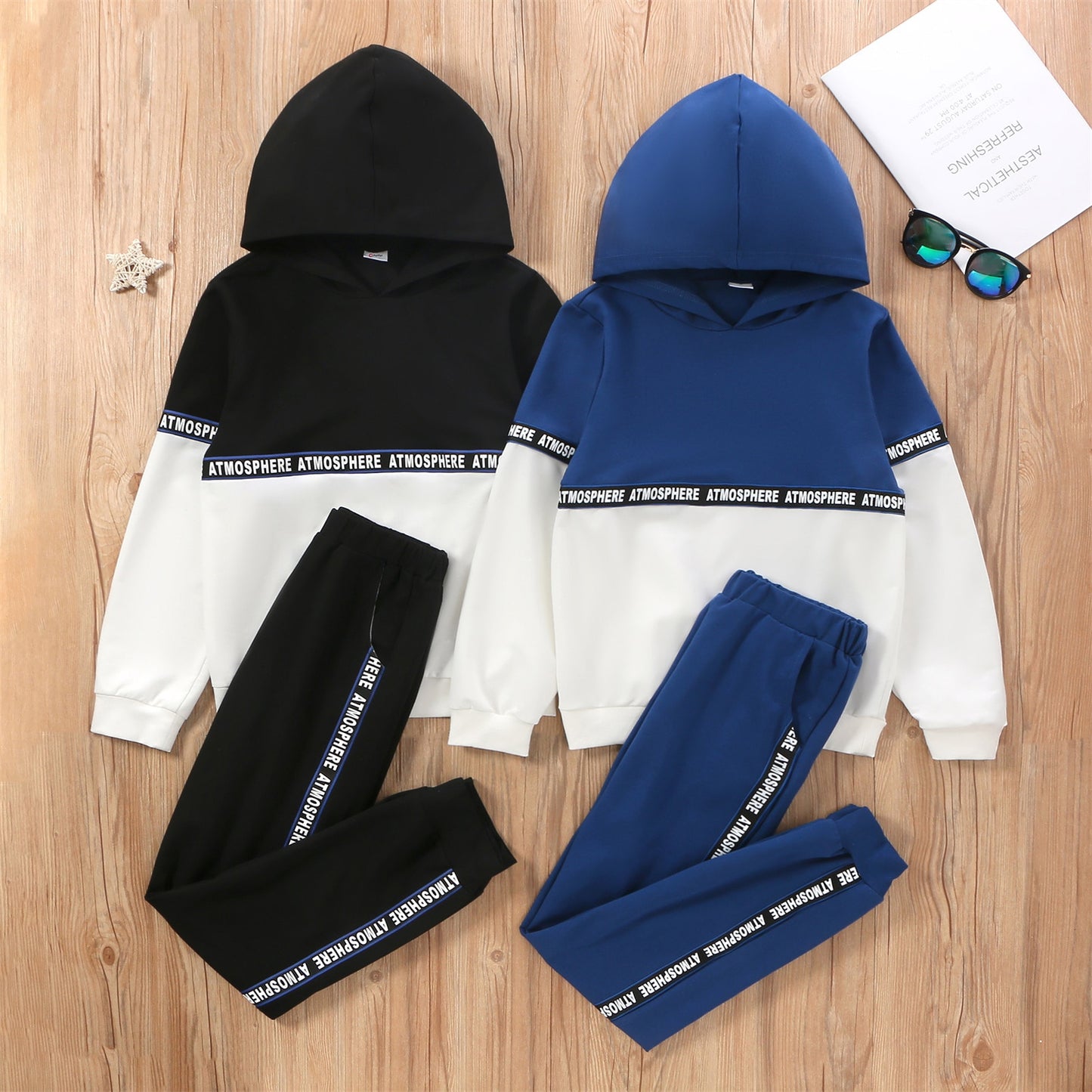 PatPat 2-piece Kid Boy Letter Print Colorblock Hoodie Sweatshirt and Pants Casual Set