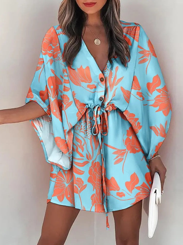 Casual Boho Beach Vacation Mini Dress Women Summer Print Lace Up Button Batwing Sleeve Dresses For Women&#39;s Loose  Female Robe