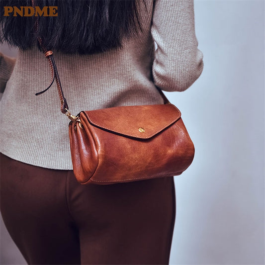 PNDME casual simple high-quality genuine leather women&#39;s small crossbody bag weekend outdoor natural real cowhide shoulder bag