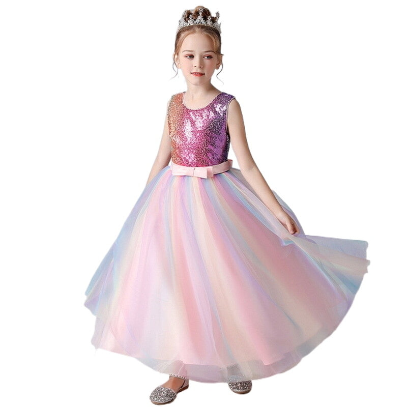 2022 New Summer Party Dress Girl Sleeveless Pink Patchwork Sequined Rainbow Dresses Piano Host Birthday Wedding Flower E1802