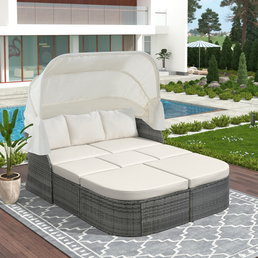 Outdoor garden furniture rattan sofa bed and retractable canopy, round outdoor sofa set, wicker furniture clamshell seat beige.