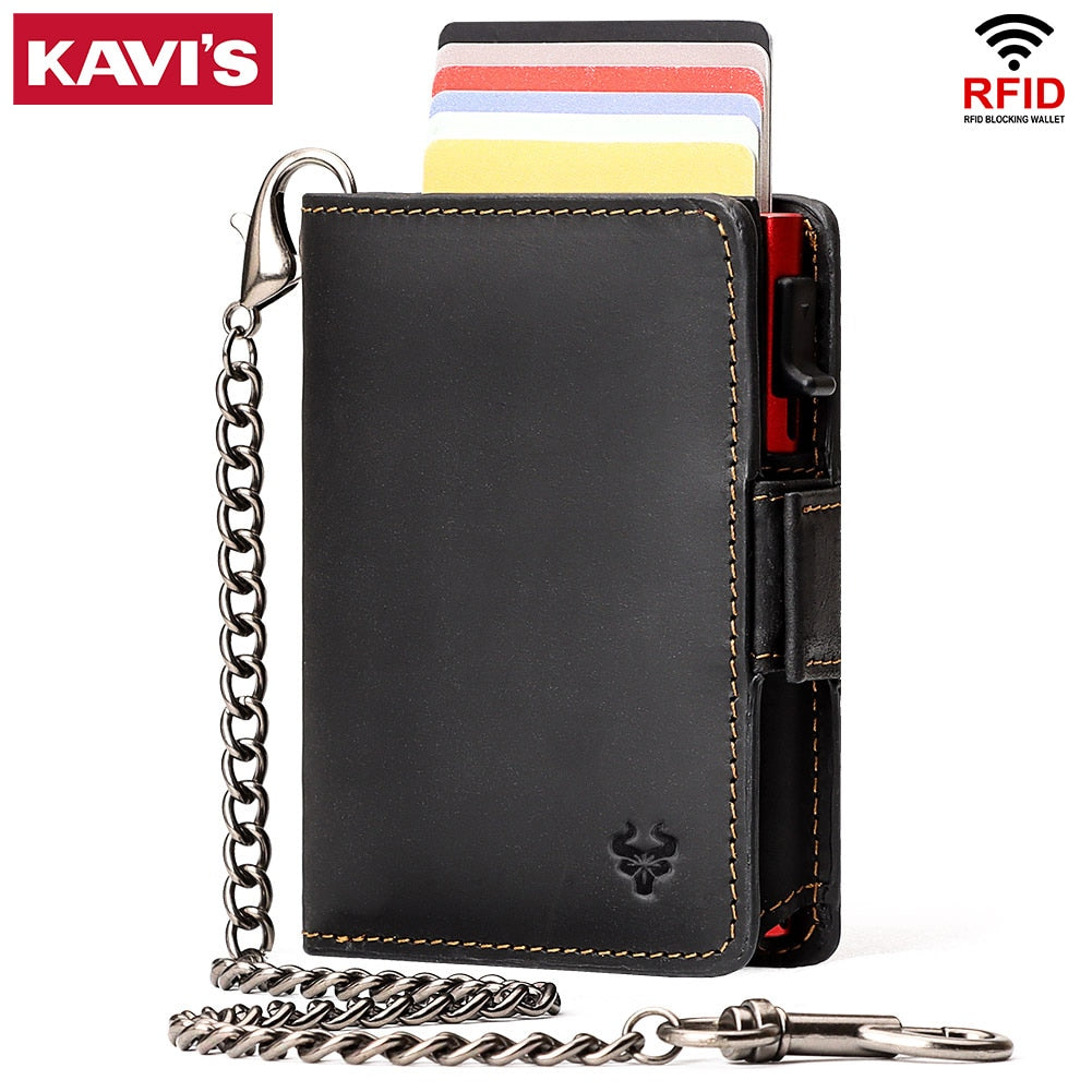 KAVIS Women Wallets Crazy Horse Leather Pop-Up Card Holder RFID Protect Credit Cardholder Ziper Coin Purse with Anti-theft Chain