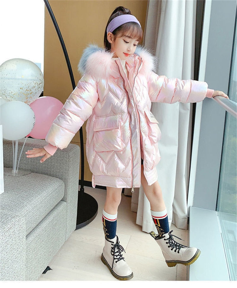 2022 Winter Shiny Jackets Girls Fur Collar Hooded Warm Parka Big Children 4-12 Years Kids Teenage Long Cotton Outerwear Snowsuit