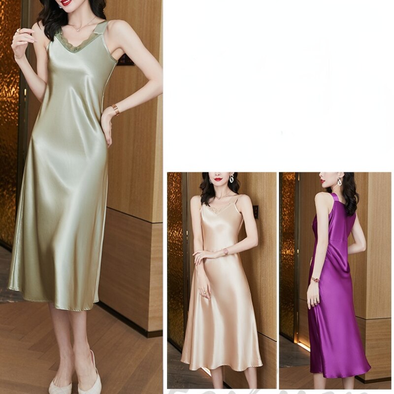 Satin Dresses for Women Solid Silk Sleeveless Sling Long Dresses 2022 Summer Dress Fashion Clothing Women Lace V-Neck Sexy Dress