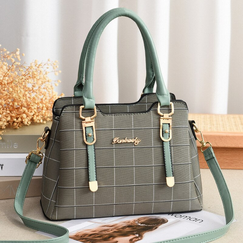 TRAVEASY 2022 PU Leather Plaid Patchwork Female Shoulder Bag Casual Zipper Large Capacity Top-Handle Bag for Women Crossbody Bag