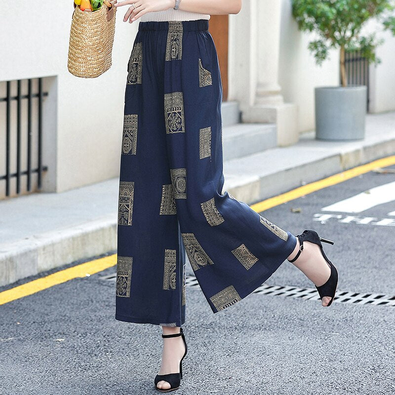 2023 Summer Wide Leg Pants Women Casual Elastic Waist Wide Leg Trousers with Print Ankle-Lengtht High Waist Pants Summer Bottoms