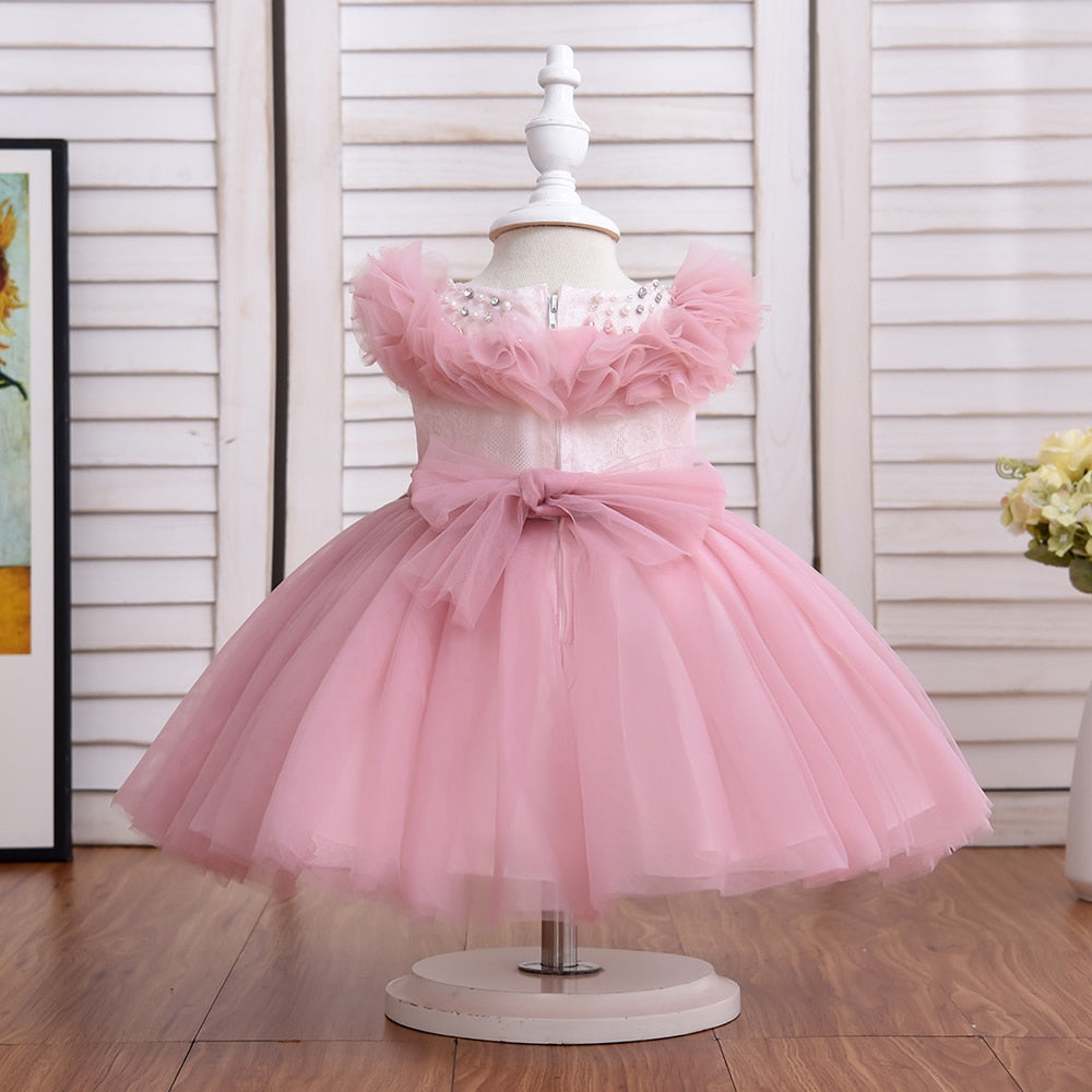 Yoliyolei Fluffy Collar Baby Girl Dress Flower Girl Wedding Dresses Party Ball Gown Appliques Kids Friendly Clothes with beading