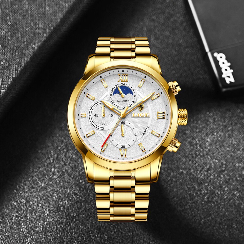 2023 LIGE Business Gold Watch For Men Luxury Original Waterproof Stainless Steel Golden Male Wristwatches Relogio Masculino 2022