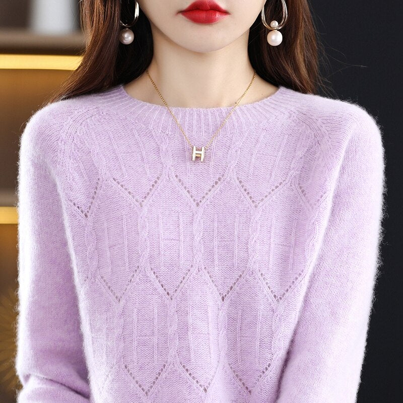 2022 New Knitted Pure Woolen Shirt Round Neck One Line Readymade Garment Hollow Out Loose Slouchy Style Slim Sweater Girl