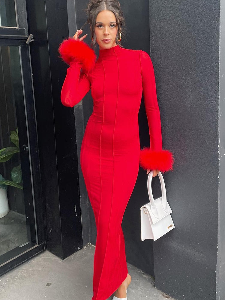 Hugcitar Feather Long Sleeves Bright Line Sexy Bodycon Maxi Prom Dress Fall Women Elegant Casual Outfit Evening Party Club Y2K W