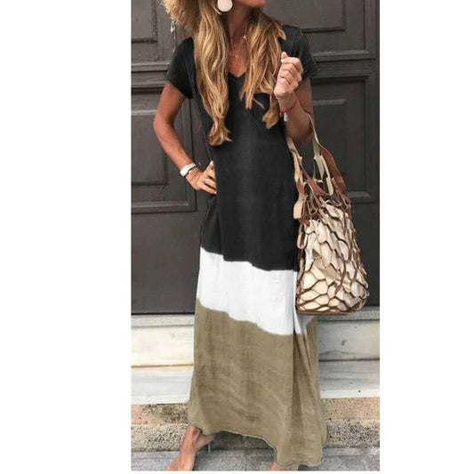 Casual Loose Plus Size Female Summer 2023 T-shirt Maxi Dress Contrast Patchwork Colour Short Sleeve V-Neck Women Long Dresses