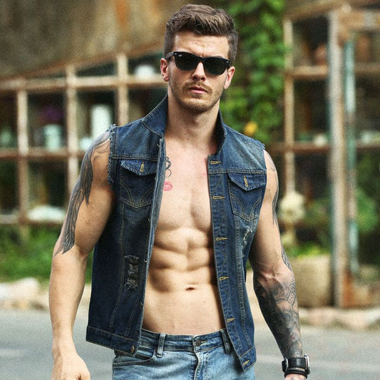 2022 Men&#39;s Denim Vest Retro Washed Slim Sleeveless Cowboy Motorcycle Jacket Street Hip Hop Fashion Casual Jean ClothesSummer