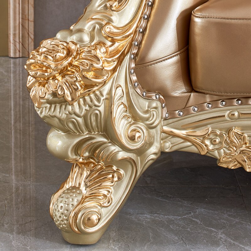 European-style Large-sized Leather Sofa Combination, American Luxury Carved Solid Wood Sofa, High-end Champagne Gold Foil