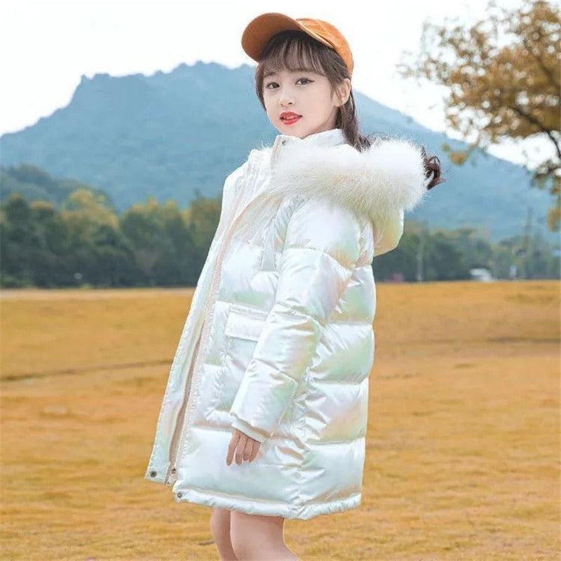 2022 Winter Shiny Jackets Girls Fur Collar Hooded Warm Parka Big Children 4-12 Years Kids Teenage Long Cotton Outerwear Snowsuit