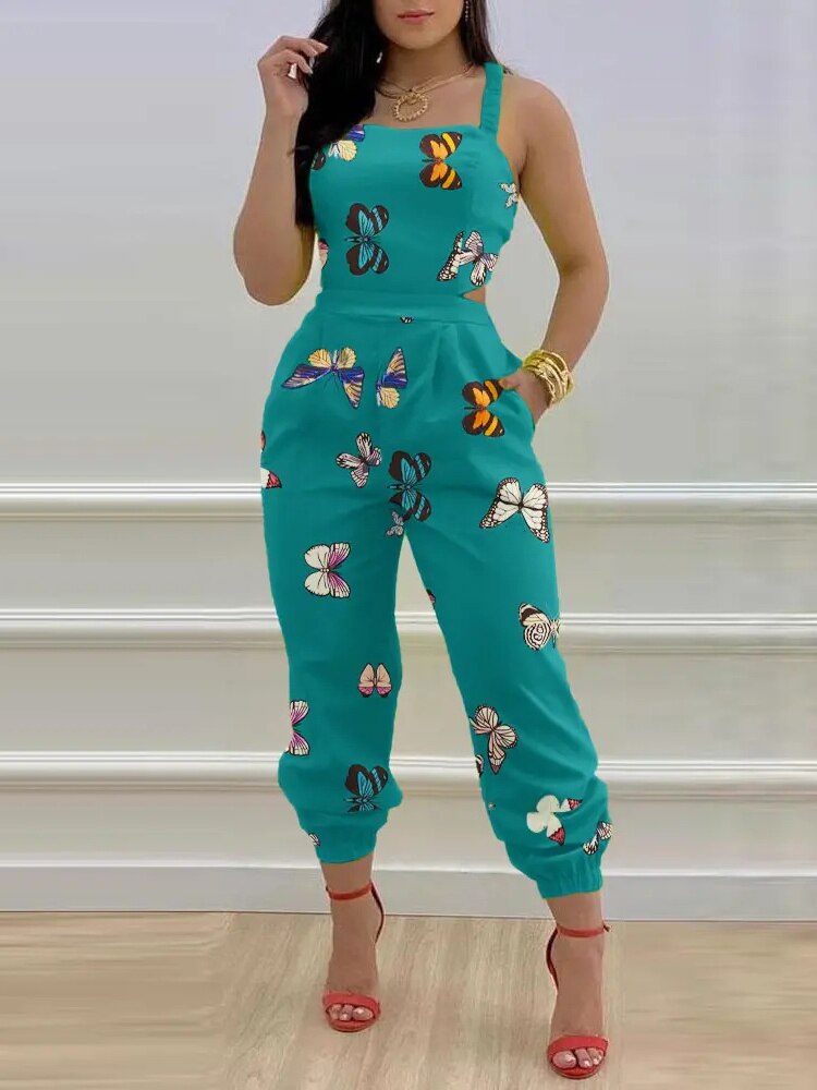 Strap Jumpsuit Women Summer Sexy Backless Bow Letter Print Strapless Overalls Rompers For Women Pocket Straight Work Jumpsuits