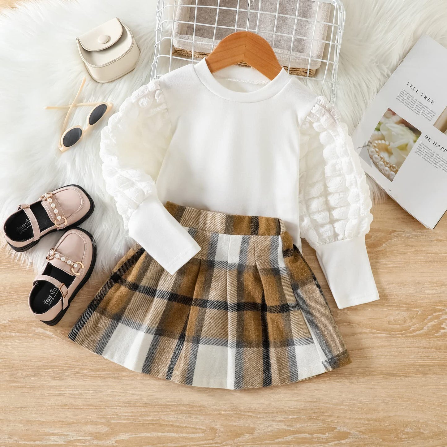 PatPat 2pcs Kid Girl Textured Gigot Sleeve White Tee and Plaid Pleated Skirt Set