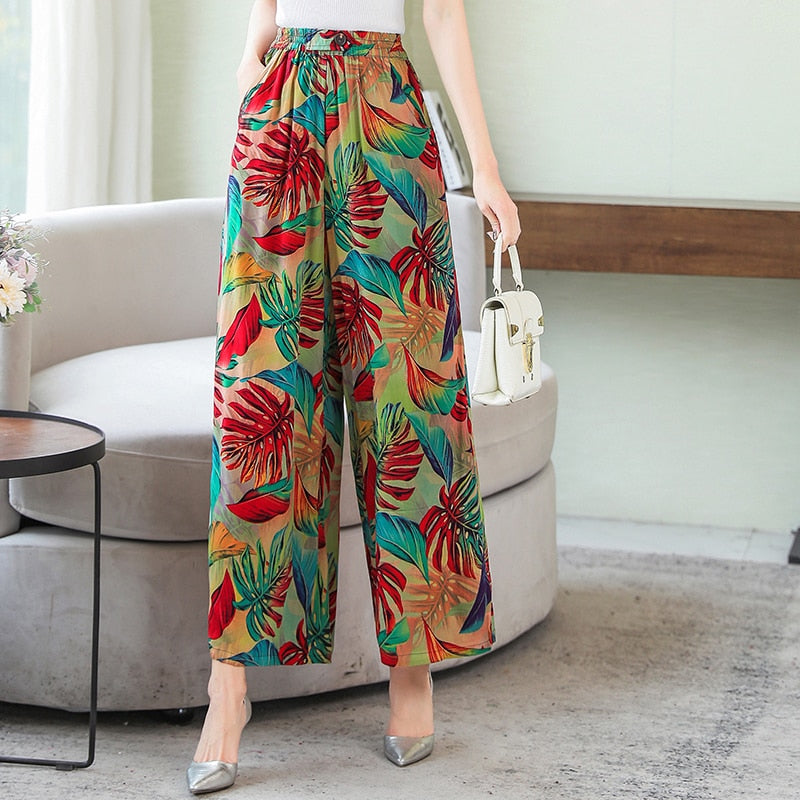 Summer Wide Leg Pants Women Loose High Waist Beach Ankle-Length Trousers Summer Casual Retro Print Plaid Pants