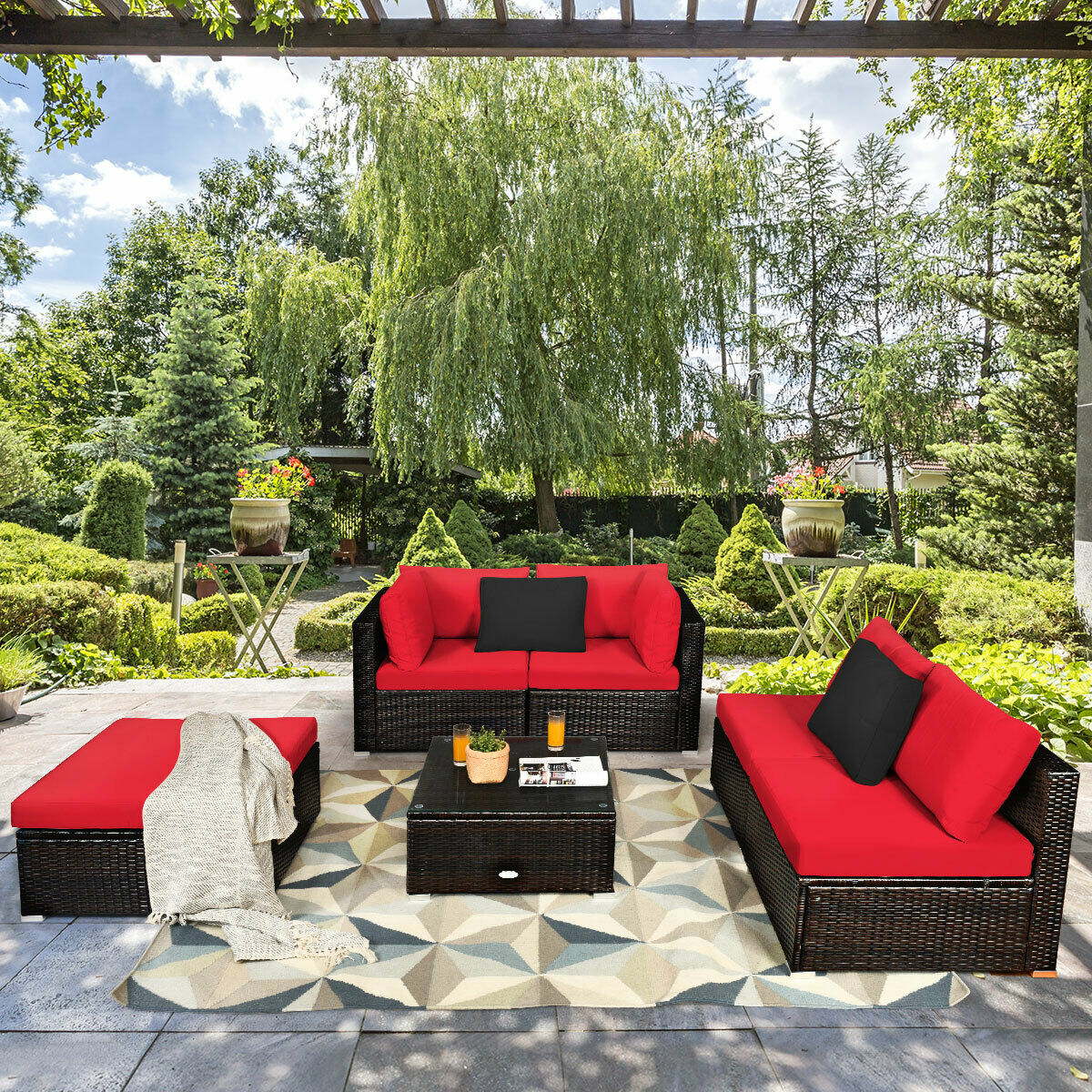 6 PCS Outdoor Patio Sofa Set All Weather Rattan Sectional Sofa Couch with Coffee Table for Garden Backyard Red Cushion