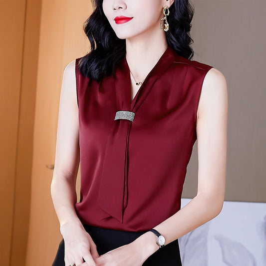 2022 Fashion Summer Satin Blouse V-Neck Sleeveless Womens Tops and Blouses Diamonds OL Women Clothing Chiffon Solid Ladies Tops