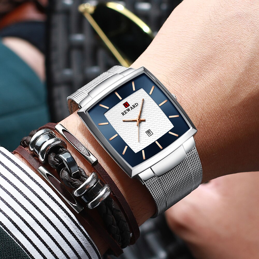 REWARD Watch Men Stainless Steel Blue Quartz Watches Male Fashion Top Brand Luxury Slim Mesh Waterproof Business Wrist Watch