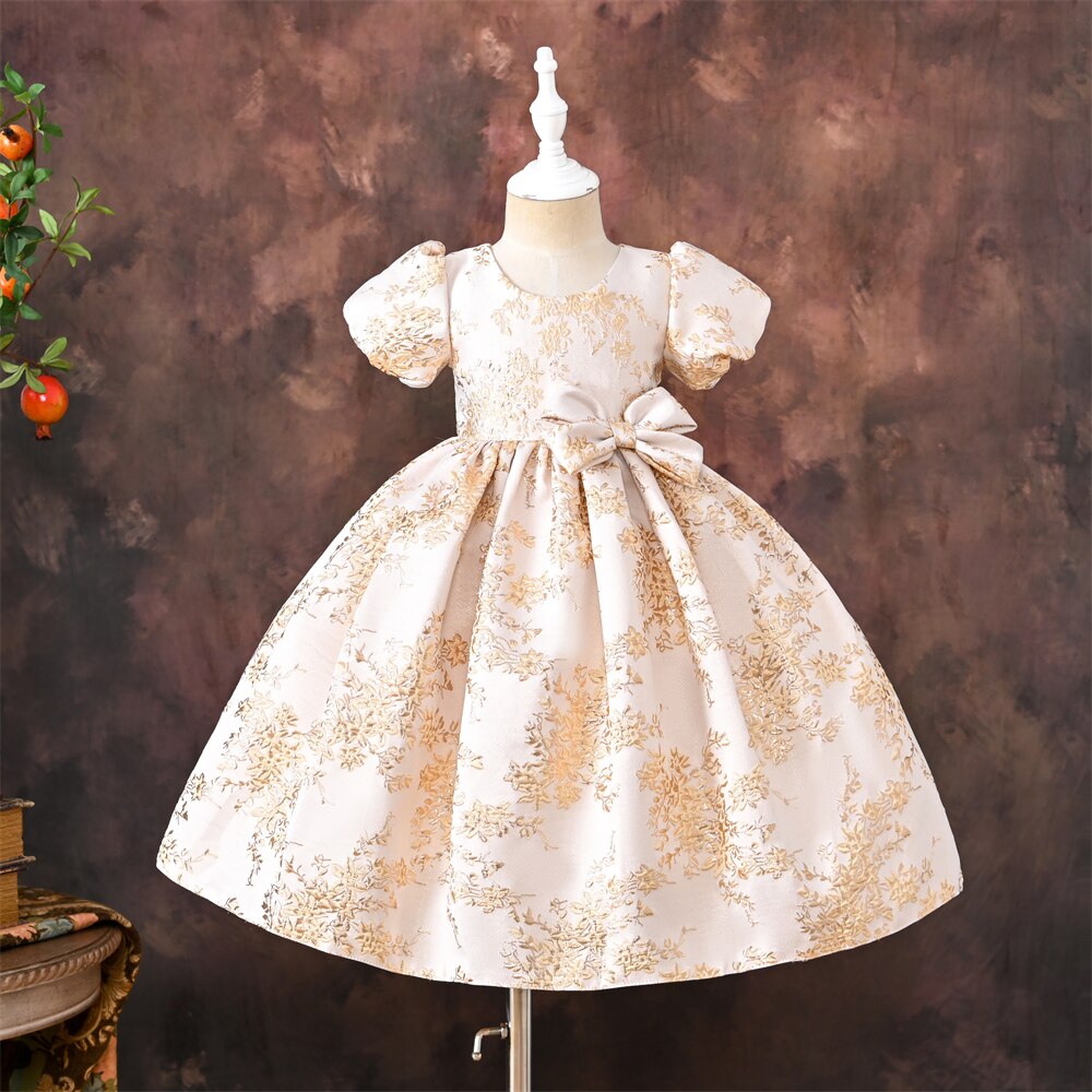 Yoliyolei Short Sleeve Girl Princess Dress Golden Lines 3D Patterns Mid-East Vintage Fashion Children Dresses for Girl 3-10 Year